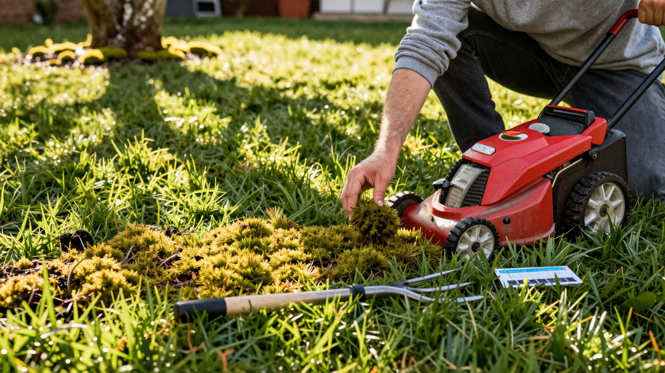 Person clearing spiky seed pods from a grassy lawn beside a red lawnmower and garden fork.