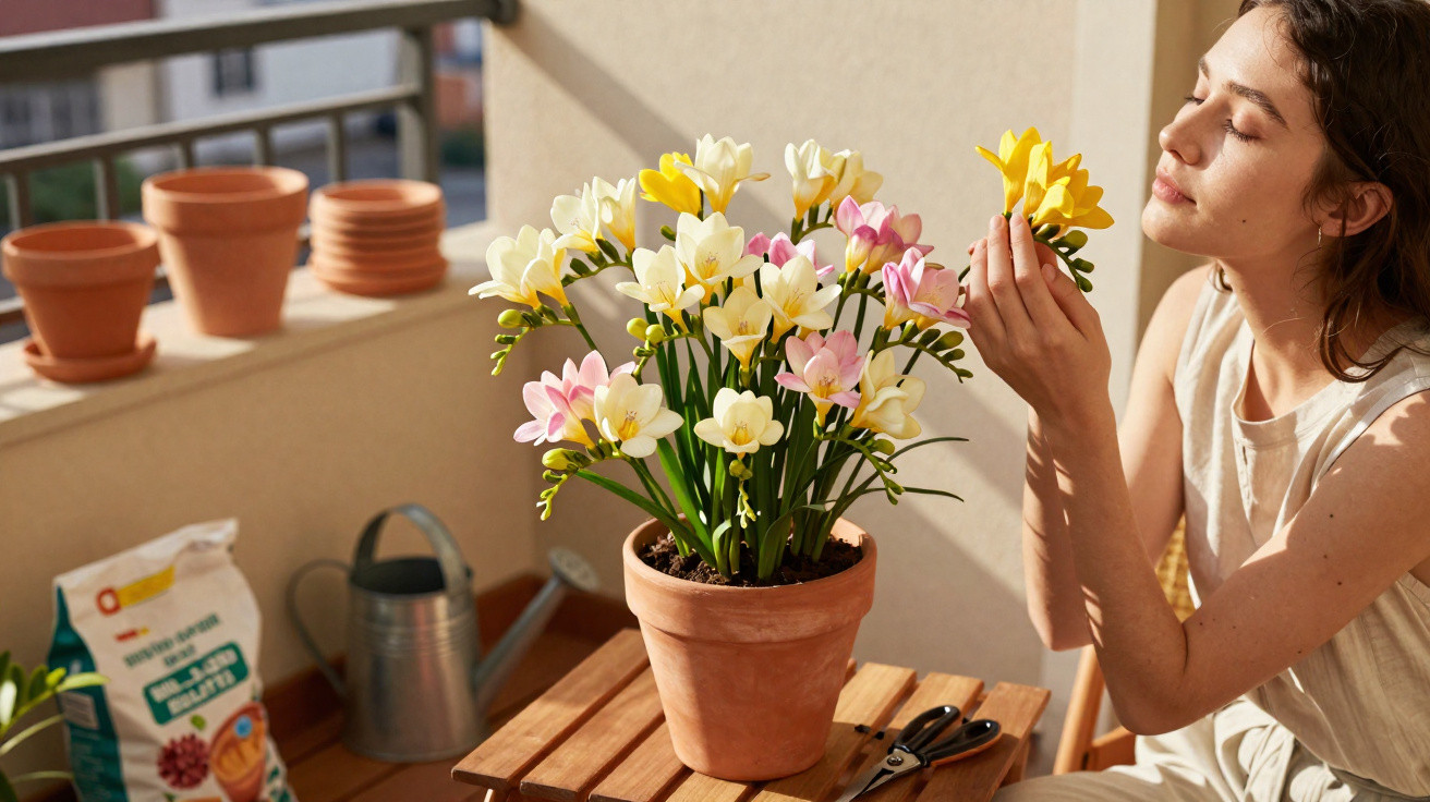 Woman smelling yellow and pink flowers in a terracotta pot on a wooden table in a sunlit balcony garden.