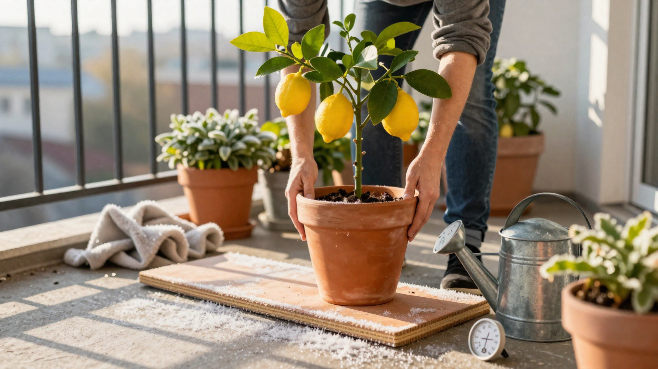 Person placing a potted lemon tree on a wooden board on a sunlit balcony with other plants nearby.