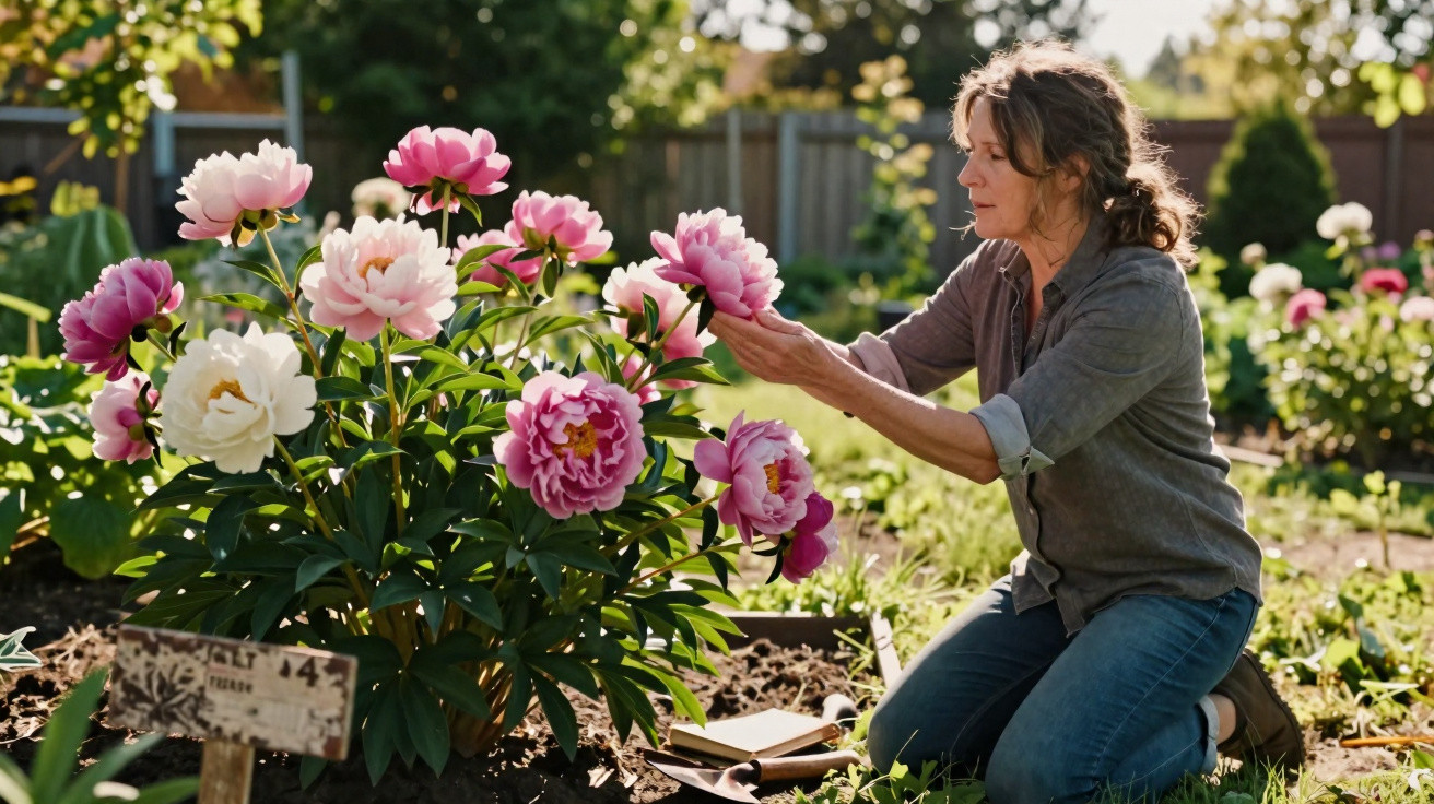Woman kneeling in a garden tending to a bush of pink and white peony flowers on a sunny day.