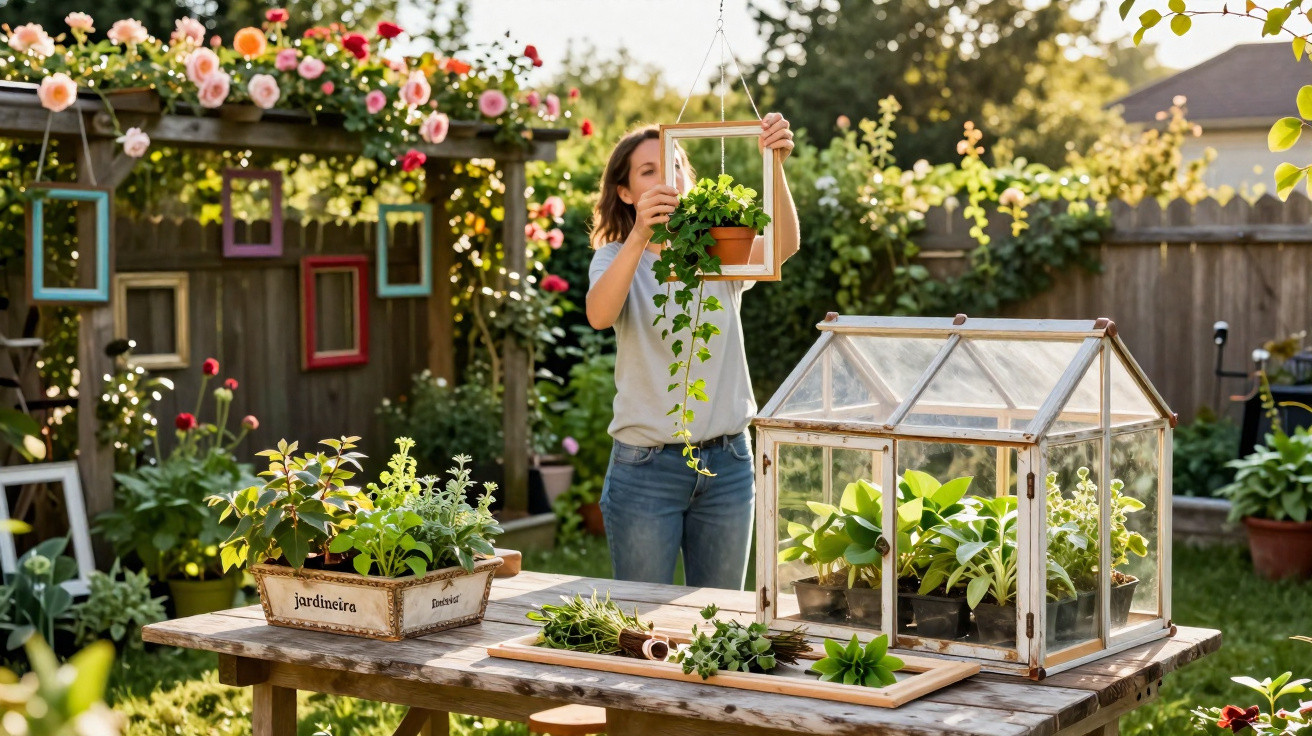 Woman gardening with hanging plant and various pots on wooden table in sunny backyard garden