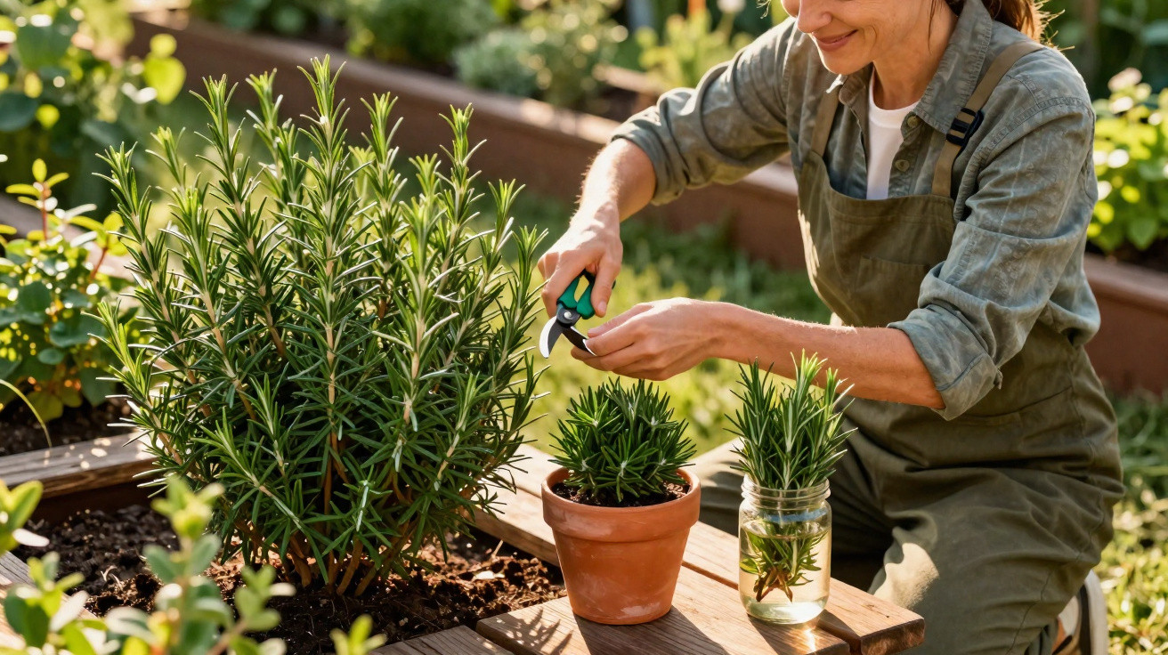 Woman pruning rosemary plants in a garden with a terracotta pot and glass jar on a wooden table.