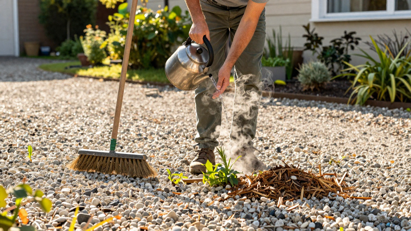 Person extinguishing a small fire on gravel driveway with a metal kettle next to a broom in daylight.