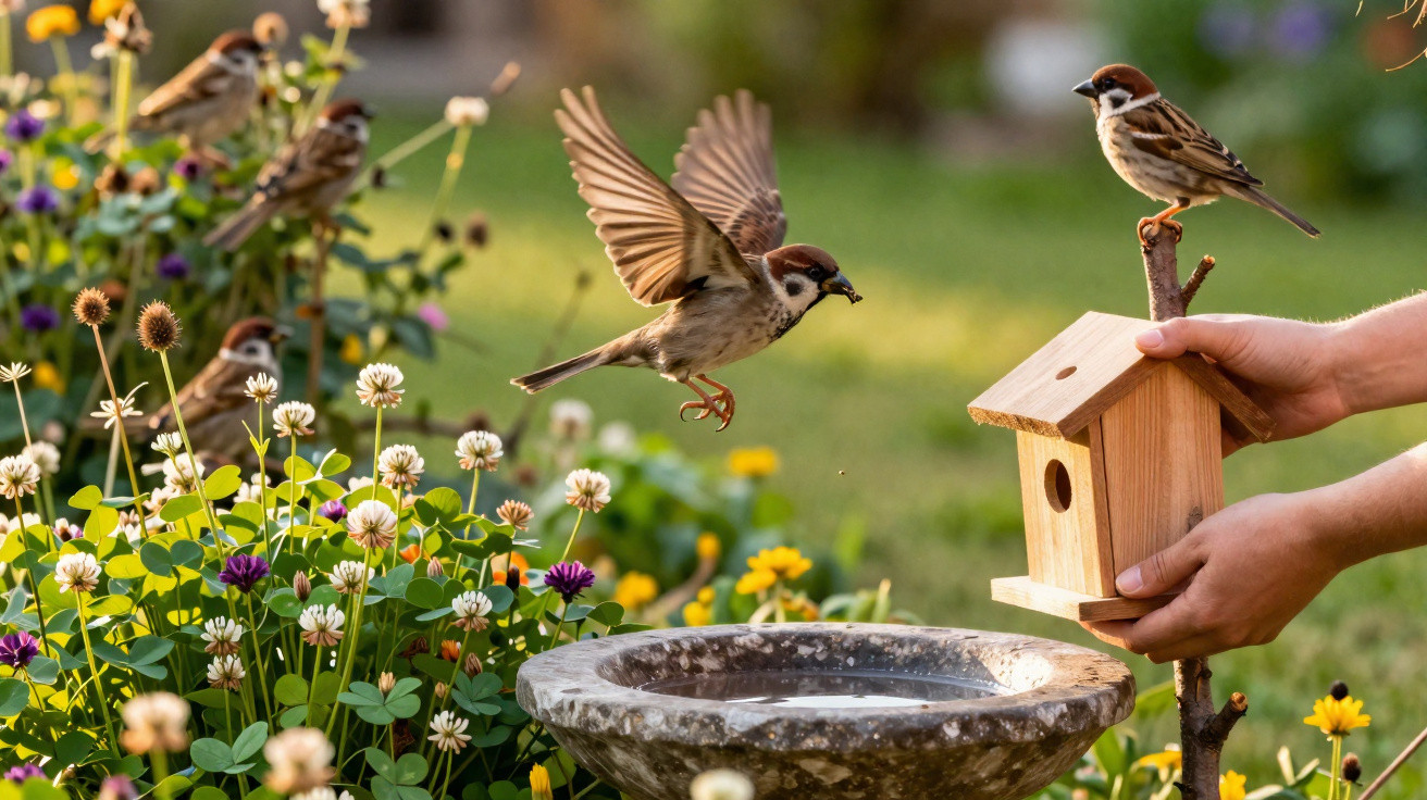 Small brown sparrow flies towards a wooden birdhouse held by hands in a colourful garden.