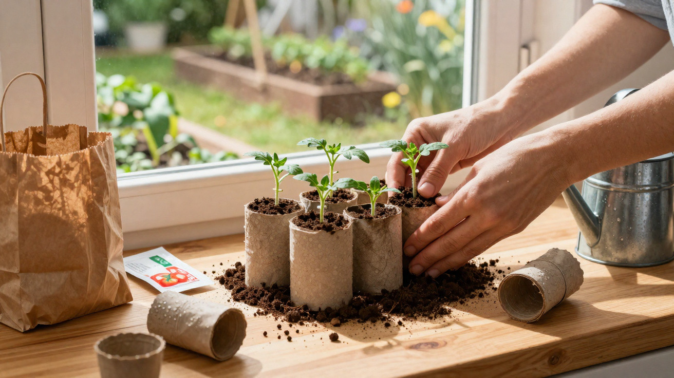 Hands planting seedlings in biodegradable pots on a wooden table near a window with gardening tools nearby.