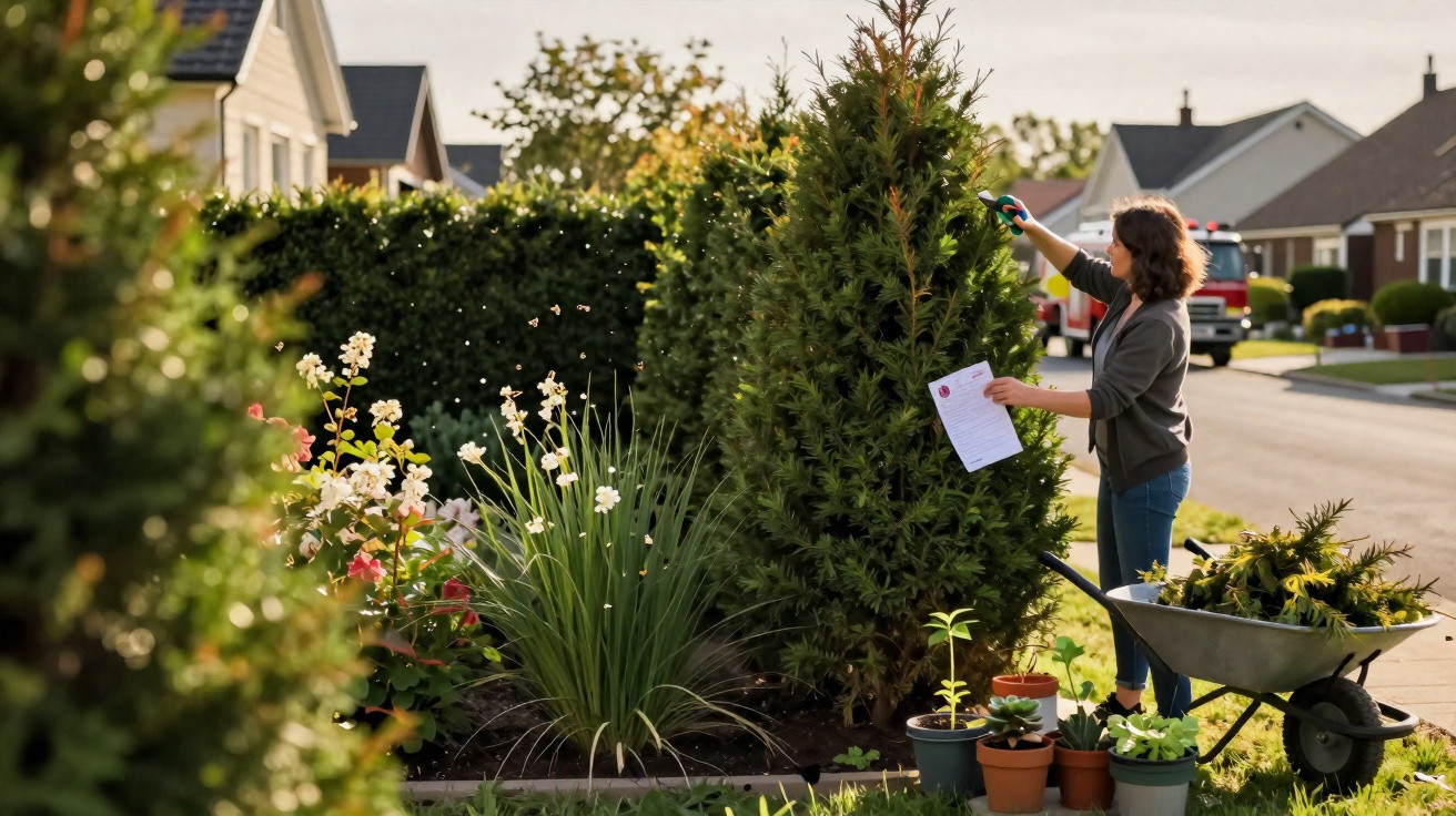 Person trimming a tall bush in a garden with a wheelbarrow and potted plants nearby on a sunny day.