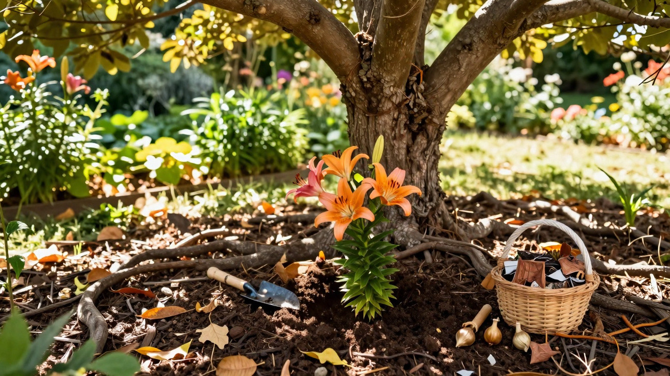 Orange lilies freshly planted under a tree with gardening tools and a basket of bulbs nearby in a sunny garden.