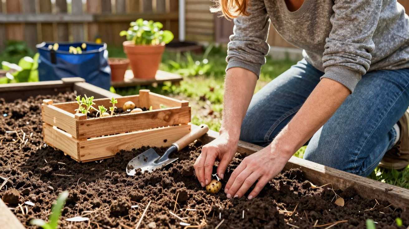 Person planting seed potatoes in raised garden bed in sunny backyard with gardening tools nearby