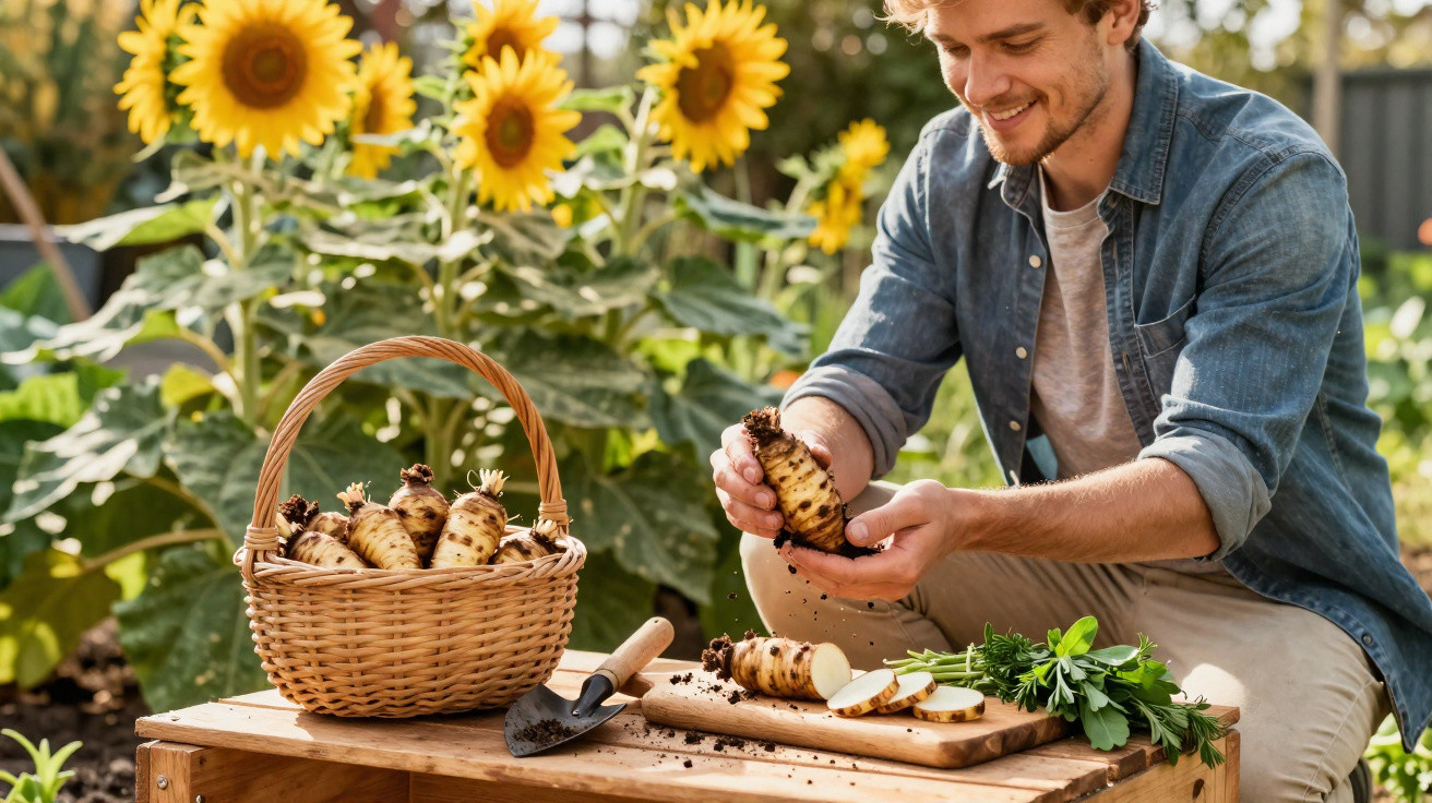 Man cleaning freshly harvested Jerusalem artichokes next to sunflower plants in a garden setting.