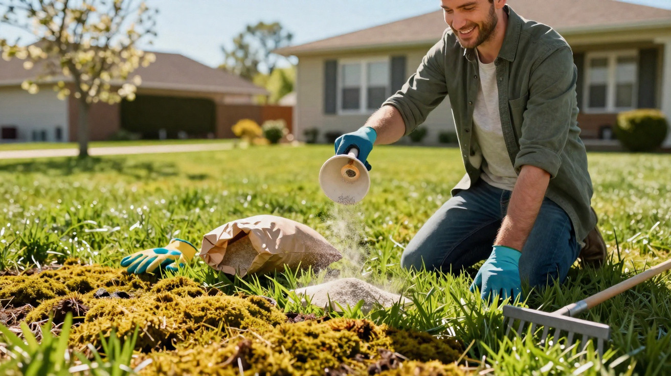 Man kneeling on grass spreading fertiliser in a garden bed with house in the background on a sunny day