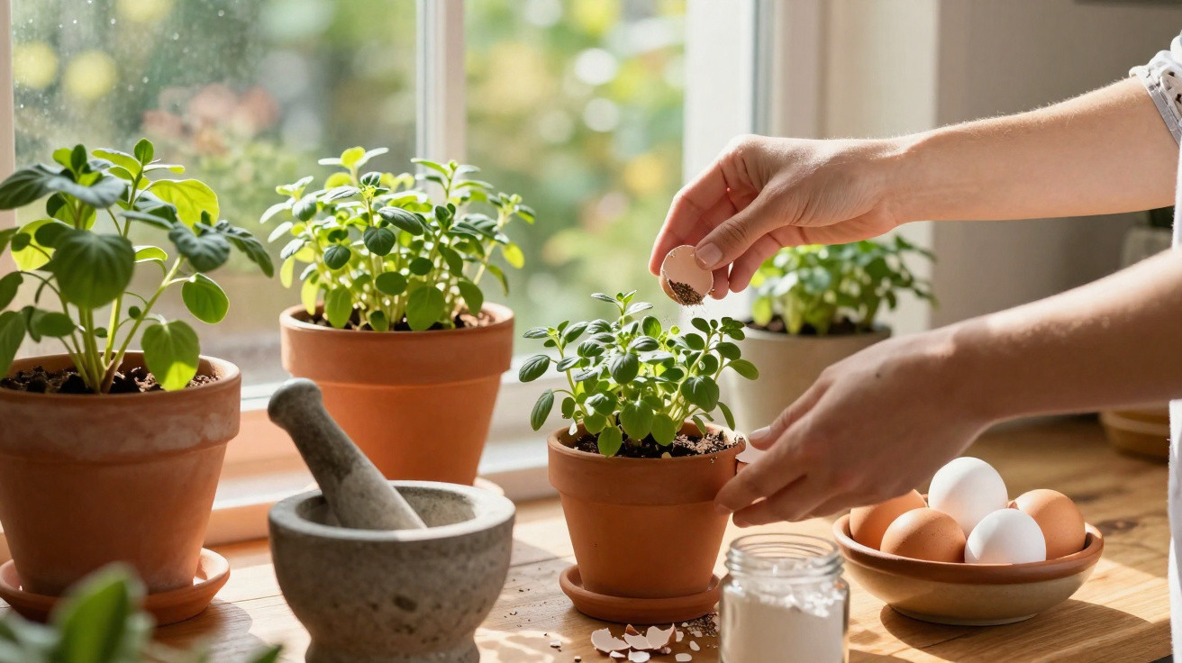 Hands cracking eggshells into a small potted plant on a sunlit windowsill with herbs and kitchen tools nearby.