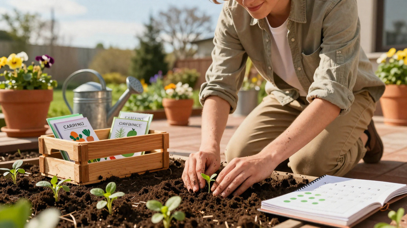 Person planting seedlings in a garden bed with seed packets, watering can, and gardening notebook nearby.