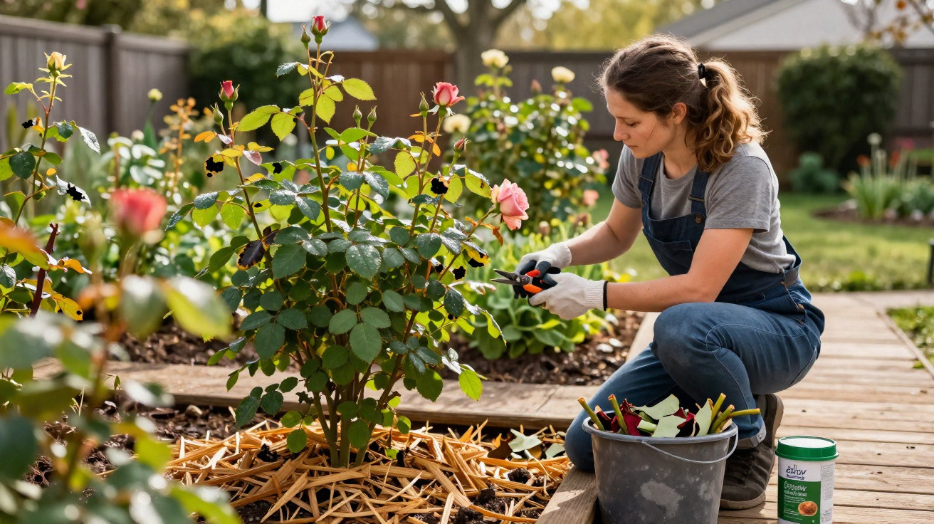 Woman pruning rose bushes in a garden, kneeling on a wooden path with gardening tools and gloves.