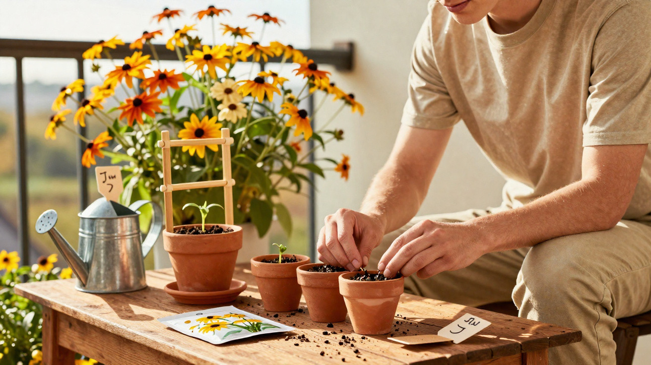 Person planting seeds in terracotta pots on a wooden table with yellow flowers and a watering can nearby.