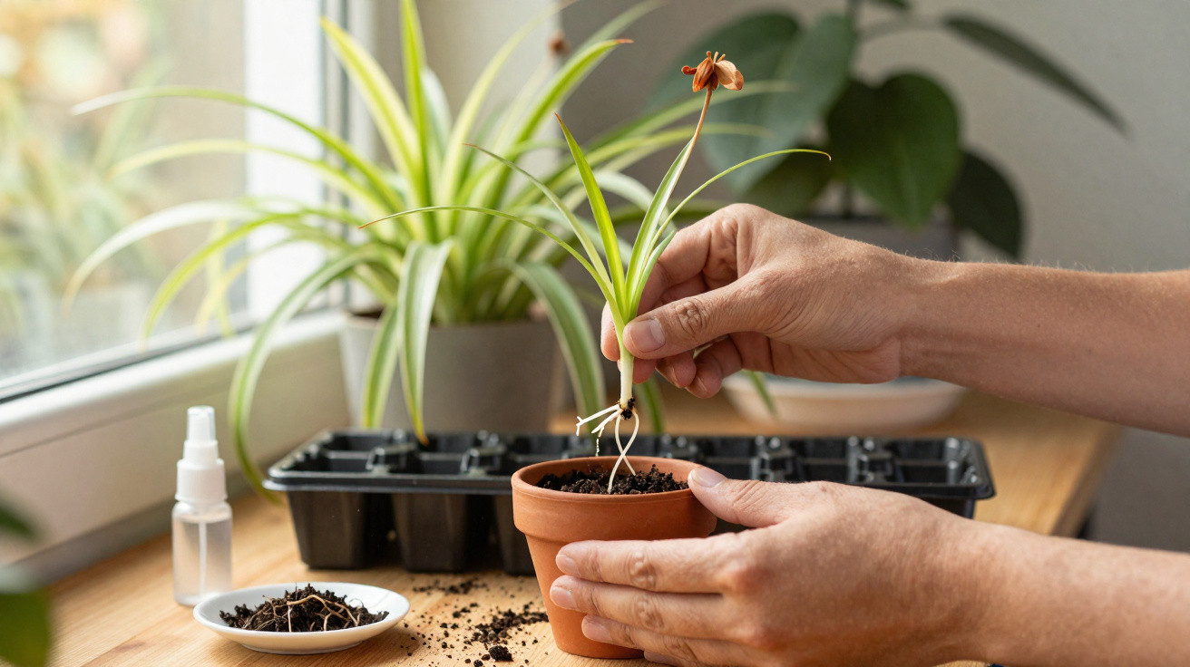 Hands planting a small spider plant seedling with roots into a terracotta pot by a sunlit window.