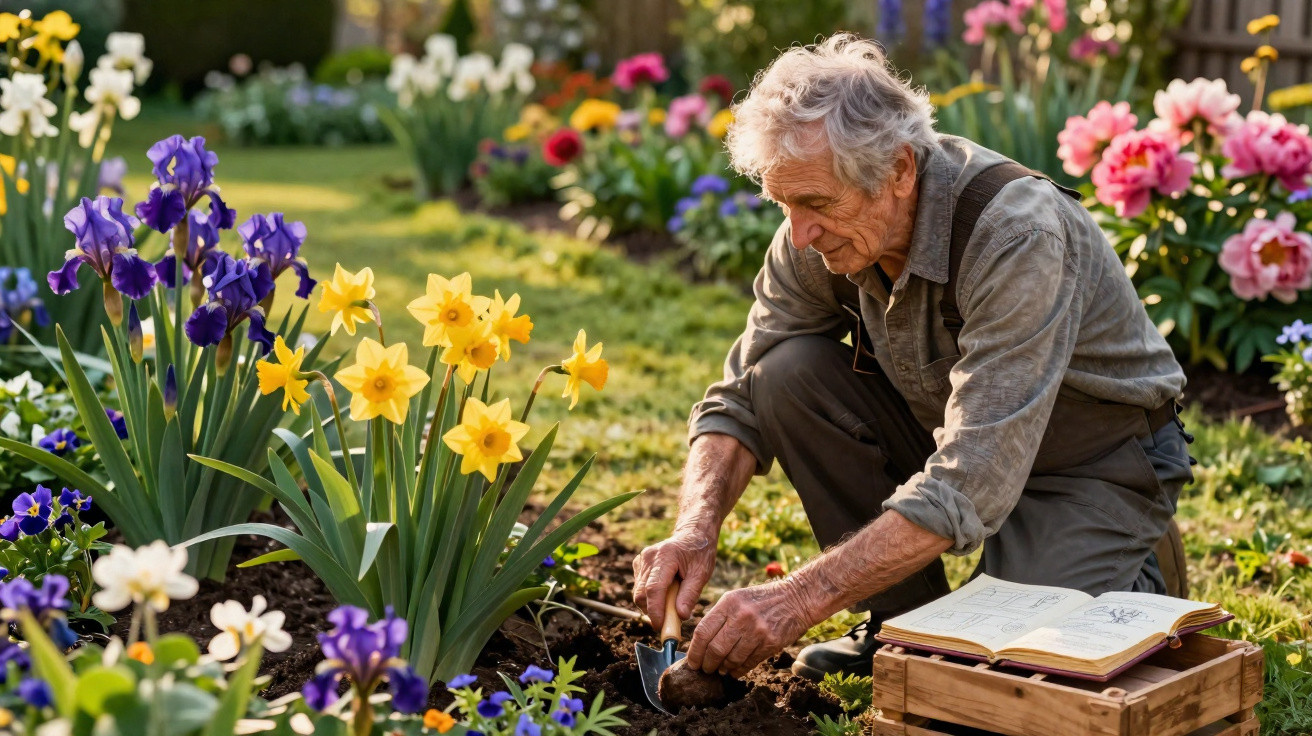 Elderly man gardening among blooming daffodils, irises, and other colourful flowers on a sunny day.