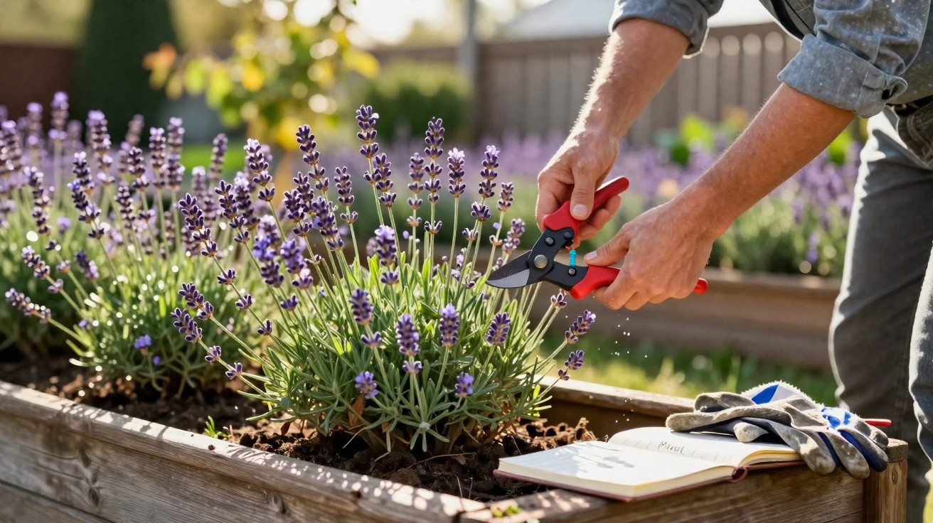 Hands pruning lavender plants in a raised garden bed with gardening gloves and an open notebook nearby.