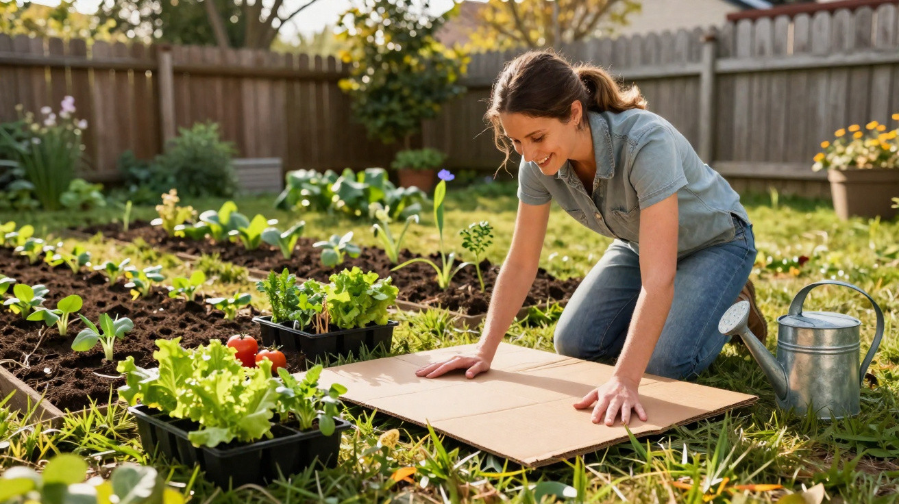 Woman kneeling on the ground in a garden, preparing soil with a watering can nearby and seedlings in trays.