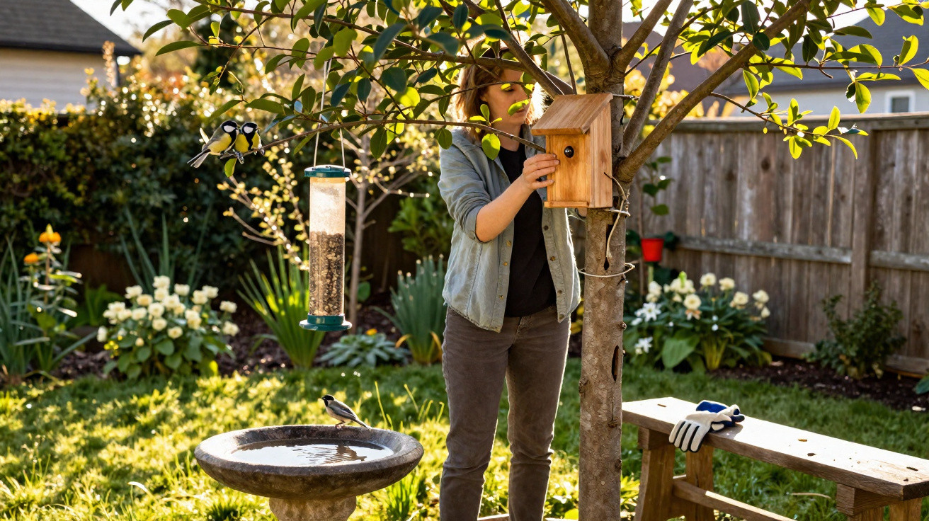 Person installing wooden birdhouse on tree in sunny garden with bird feeder, birds, and flowerbeds visible.