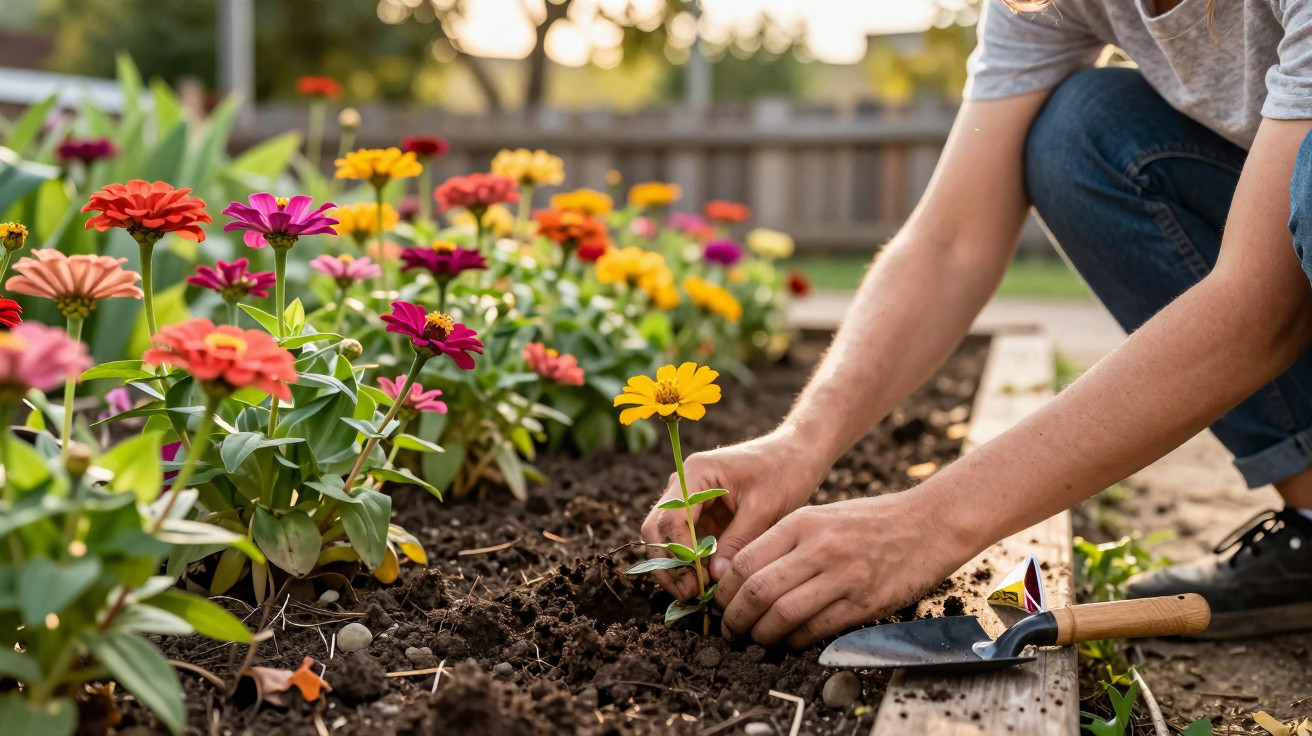 Person planting a small yellow flower in a garden bed filled with colourful blooming flowers.