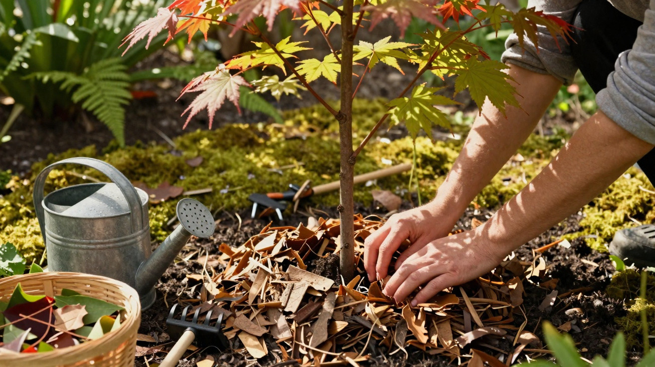 Person planting a young tree surrounded by gardening tools, dried leaves, and a watering can in a garden.