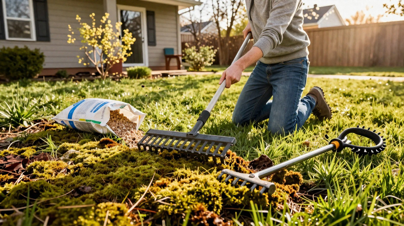 Person kneeling on grass using a rake to spread pellets on a mossy garden bed in front of a house.