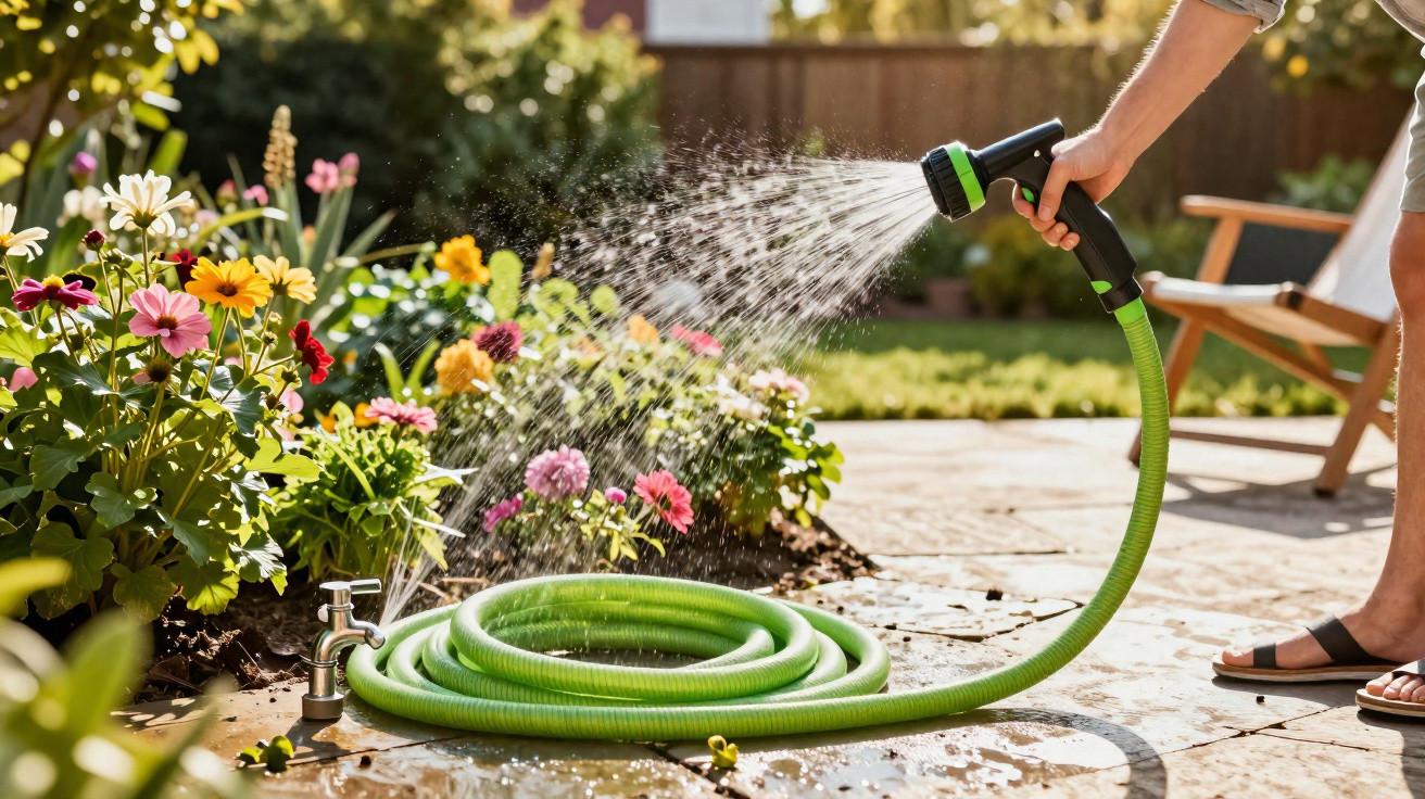 Person watering colourful flowers in a garden using a green hose with a spray nozzle on a sunny day.