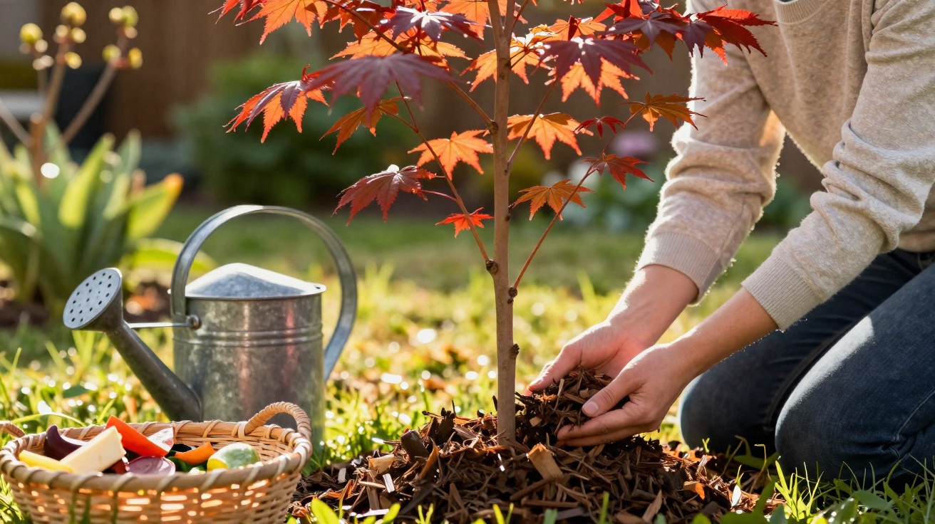 Person kneeling on grass planting a young red maple tree with a watering can and basket of vegetables nearby.