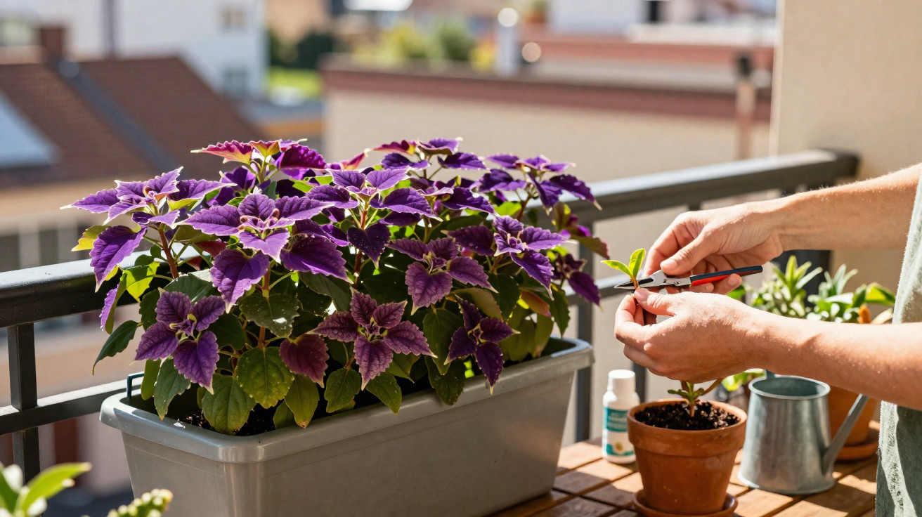 Hands pruning a small potted plant on a balcony table with a larger purple-leafed plant nearby.
