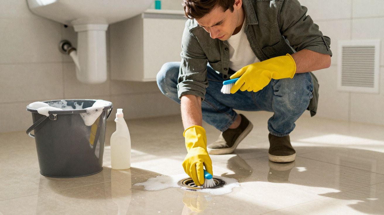 Man wearing yellow gloves cleaning a bathroom floor drain with a brush and soapy water.