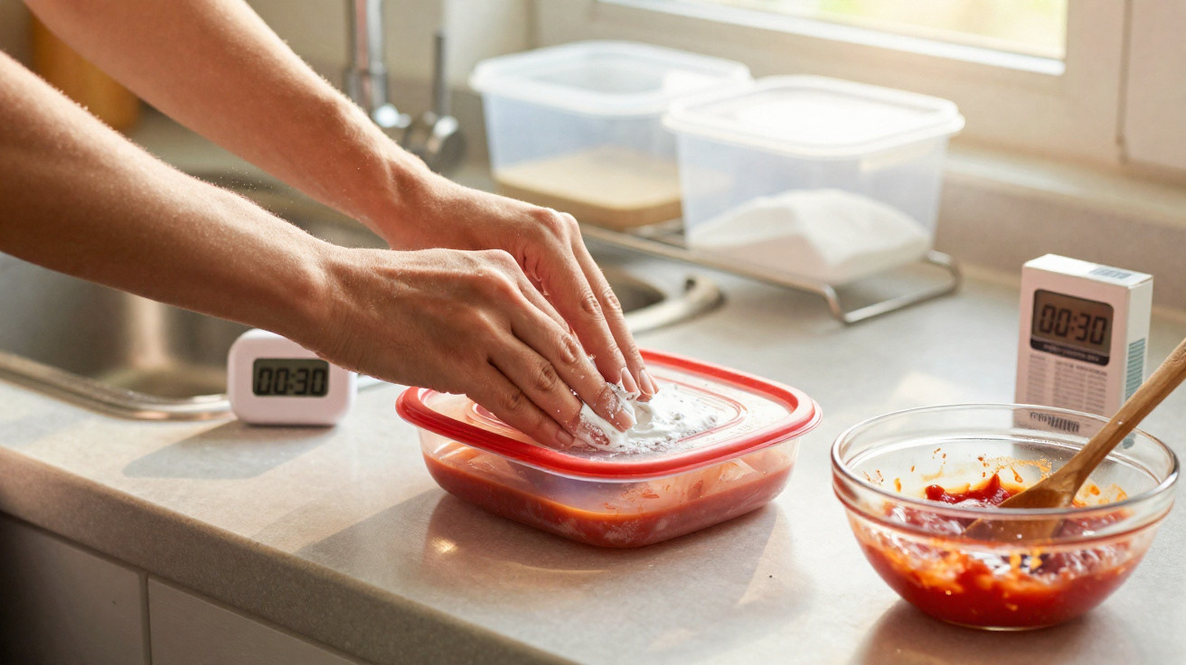Person sealing a plastic container of tomato sauce on a kitchen countertop with two timers nearby.