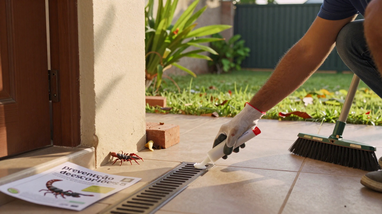 Person applying insecticide spray near a large ant by a floor drain on a patio outside a house.