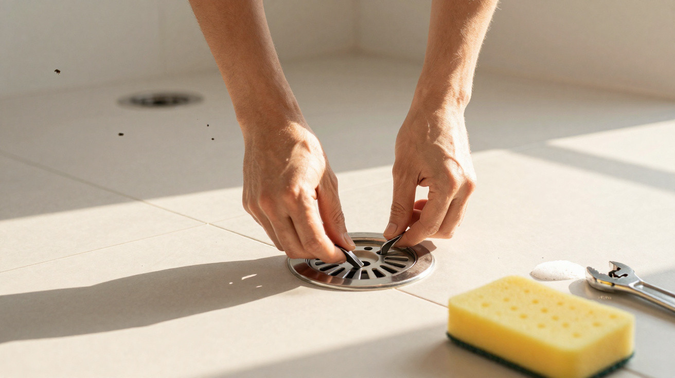 Hands cleaning a drain cover on a tiled floor with a yellow sponge and a wrench nearby in sunlight.