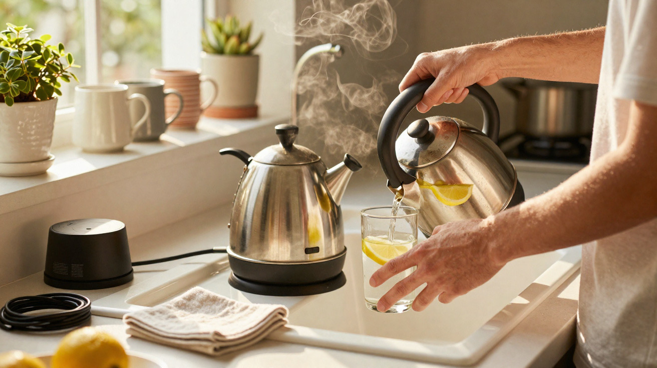 Person pouring hot water with lemon from a kettle into a glass in a bright kitchen setting.