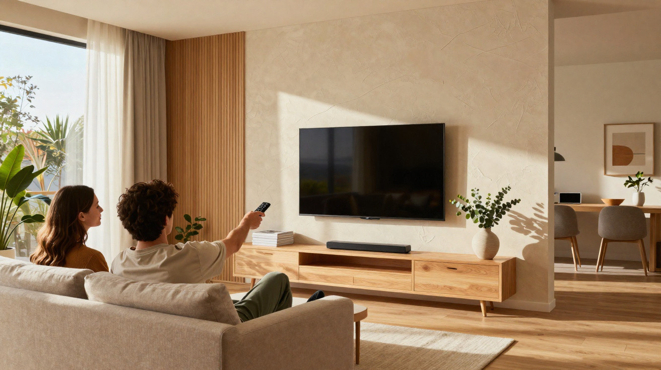Couple sitting on a beige sofa watching a wall-mounted TV in a modern, sunlit living room with wooden furniture.
