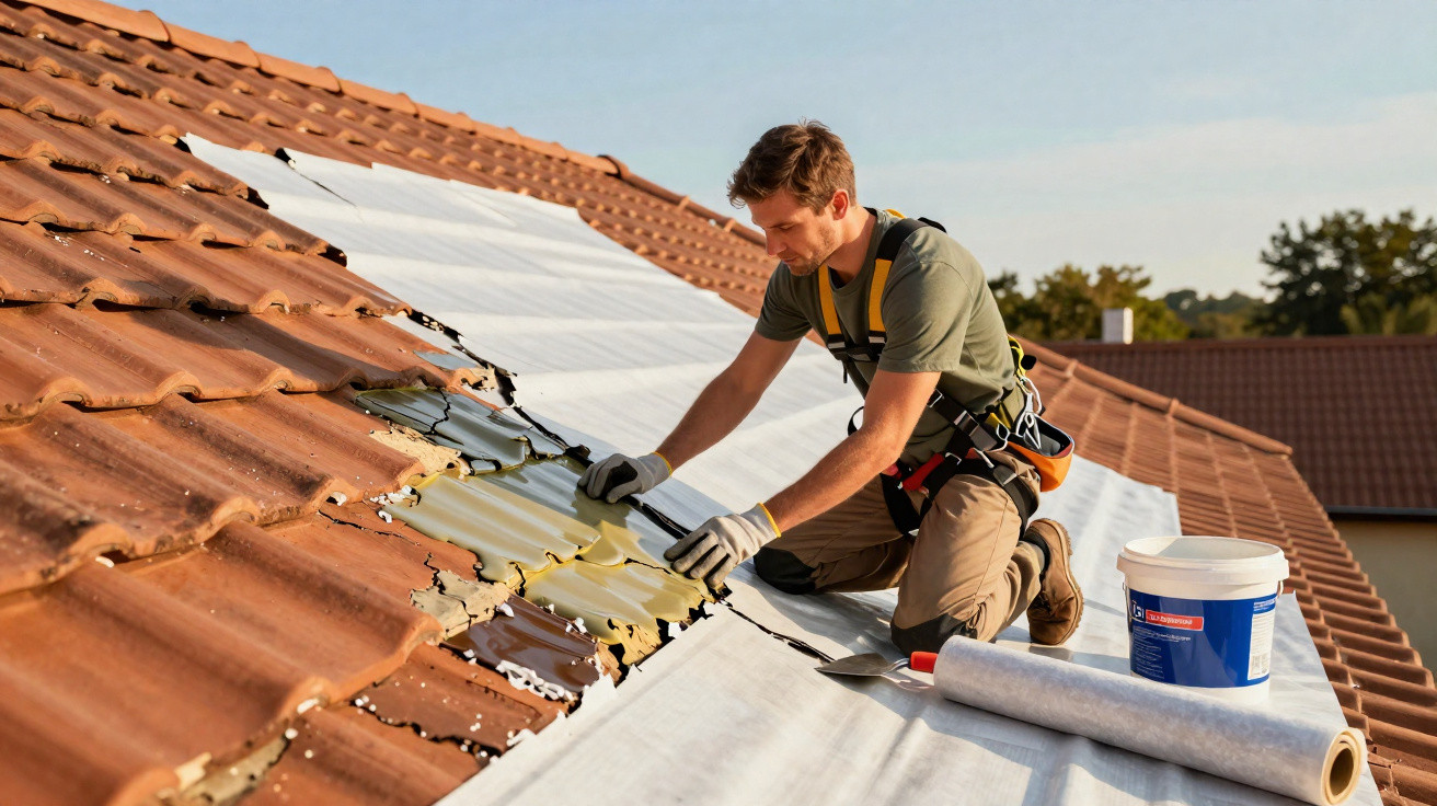 Man wearing safety harness repairing roof with metal sheets and tools on tiled house roof at sunset.