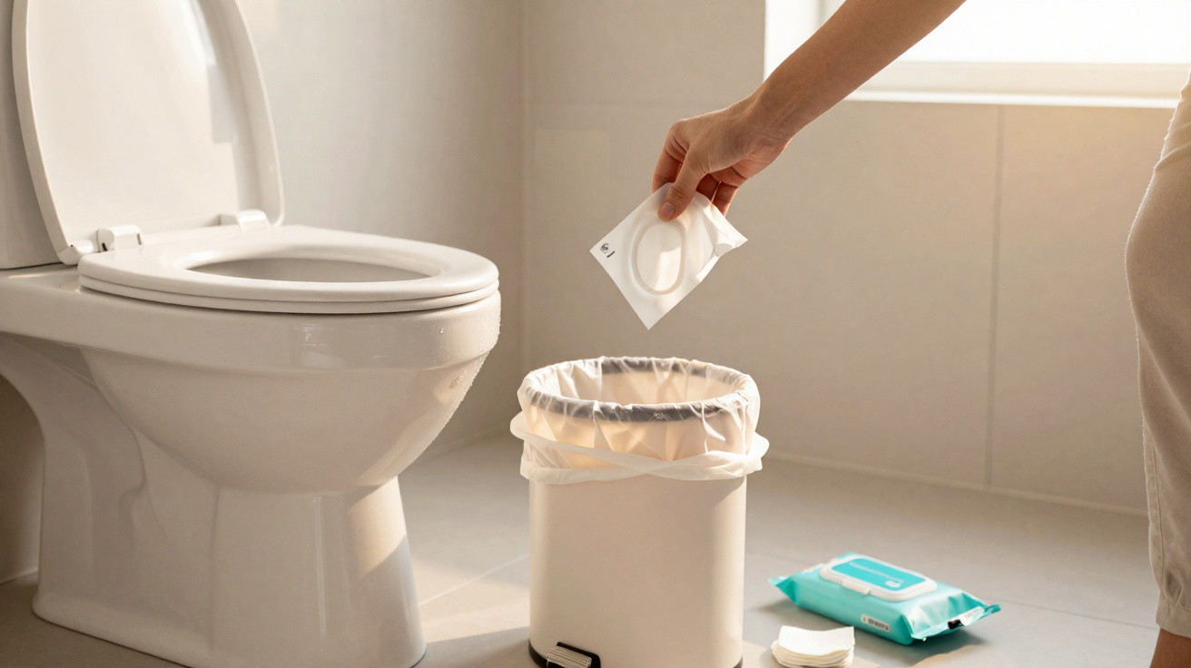Hand disposing a sanitary pad into a small bathroom bin next to a toilet and wet wipes on the floor.