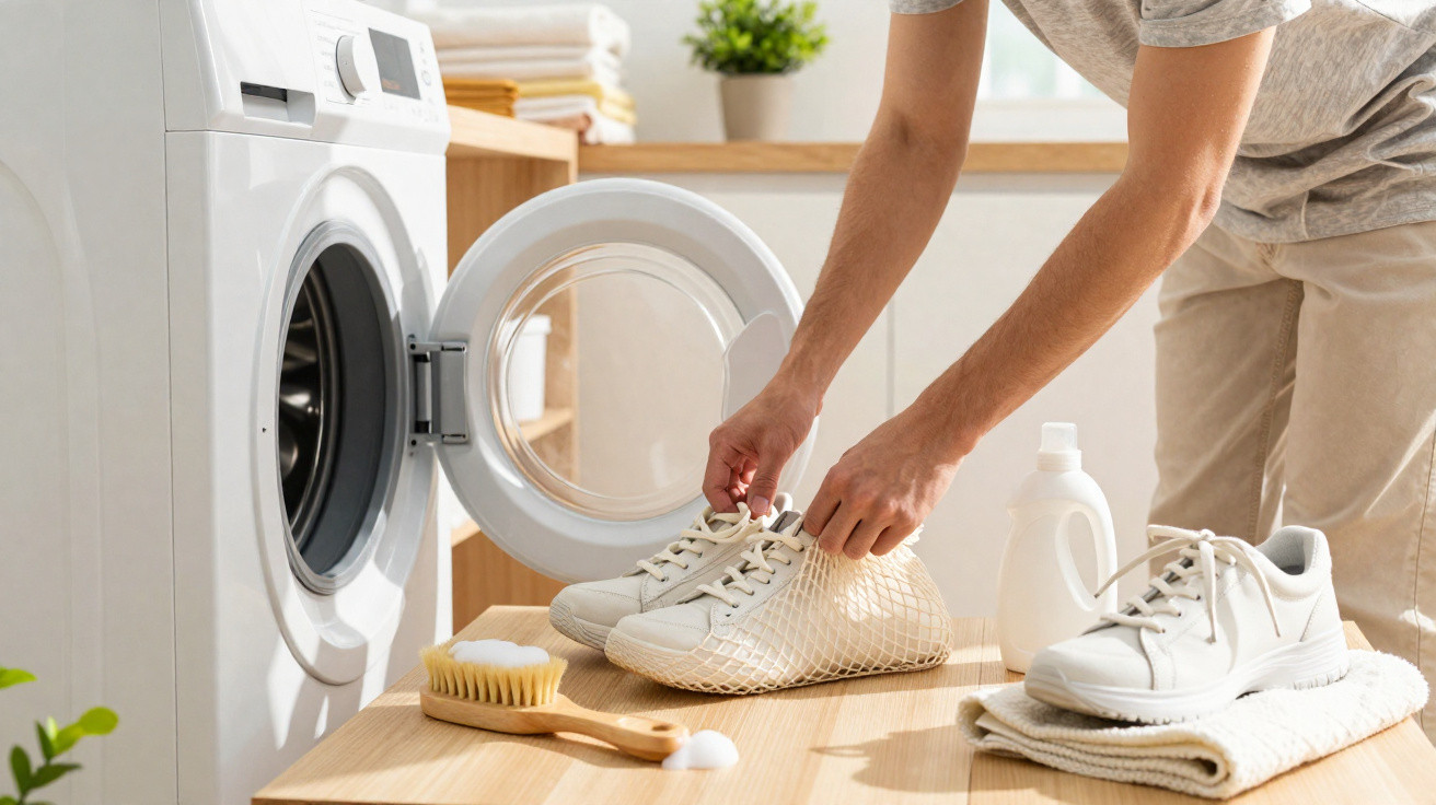 Person placing white trainers in a net bag next to a washing machine in a bright laundry room