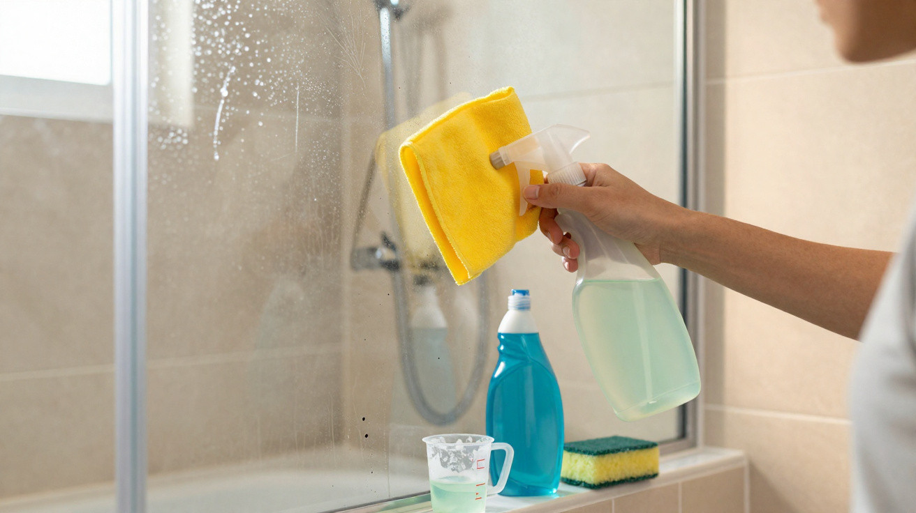 Person cleaning a foggy bathroom mirror using a yellow cloth and spray bottle with cleaning products nearby.