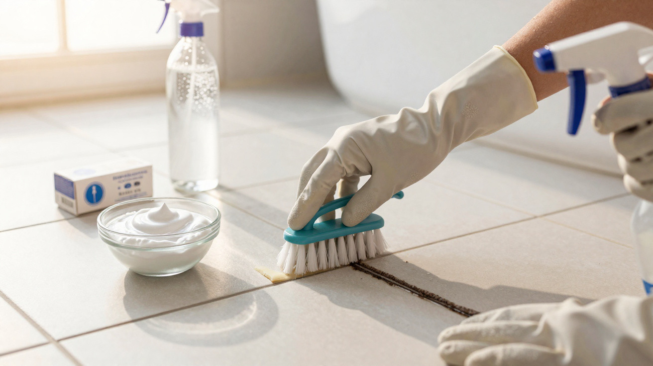 Hands in rubber gloves scrubbing dirty grout between floor tiles with brush and cleaning solution spray.