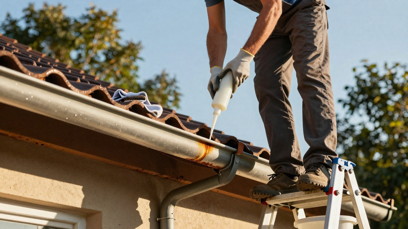 Person applying rust remover to a rusty gutter on a house roof while standing on a ladder.