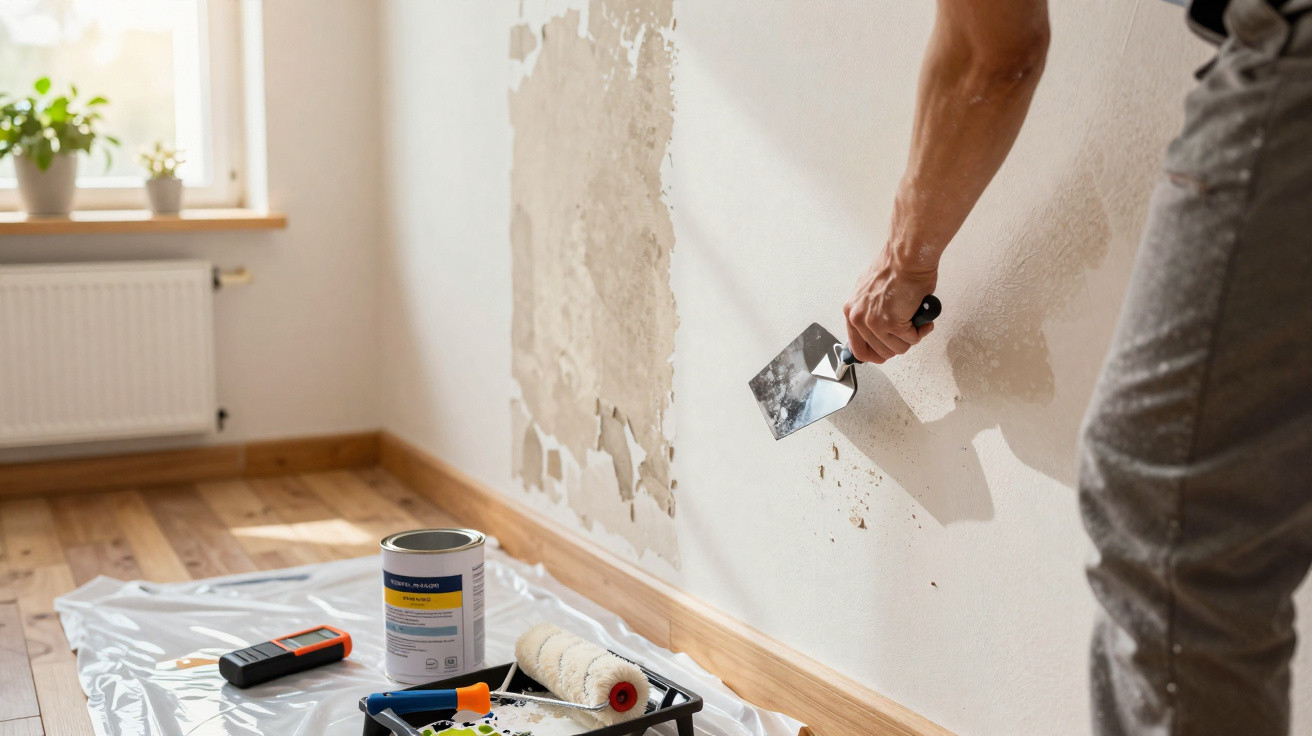 Person using a putty knife to scrape old paint from a wall with painting supplies on the floor nearby