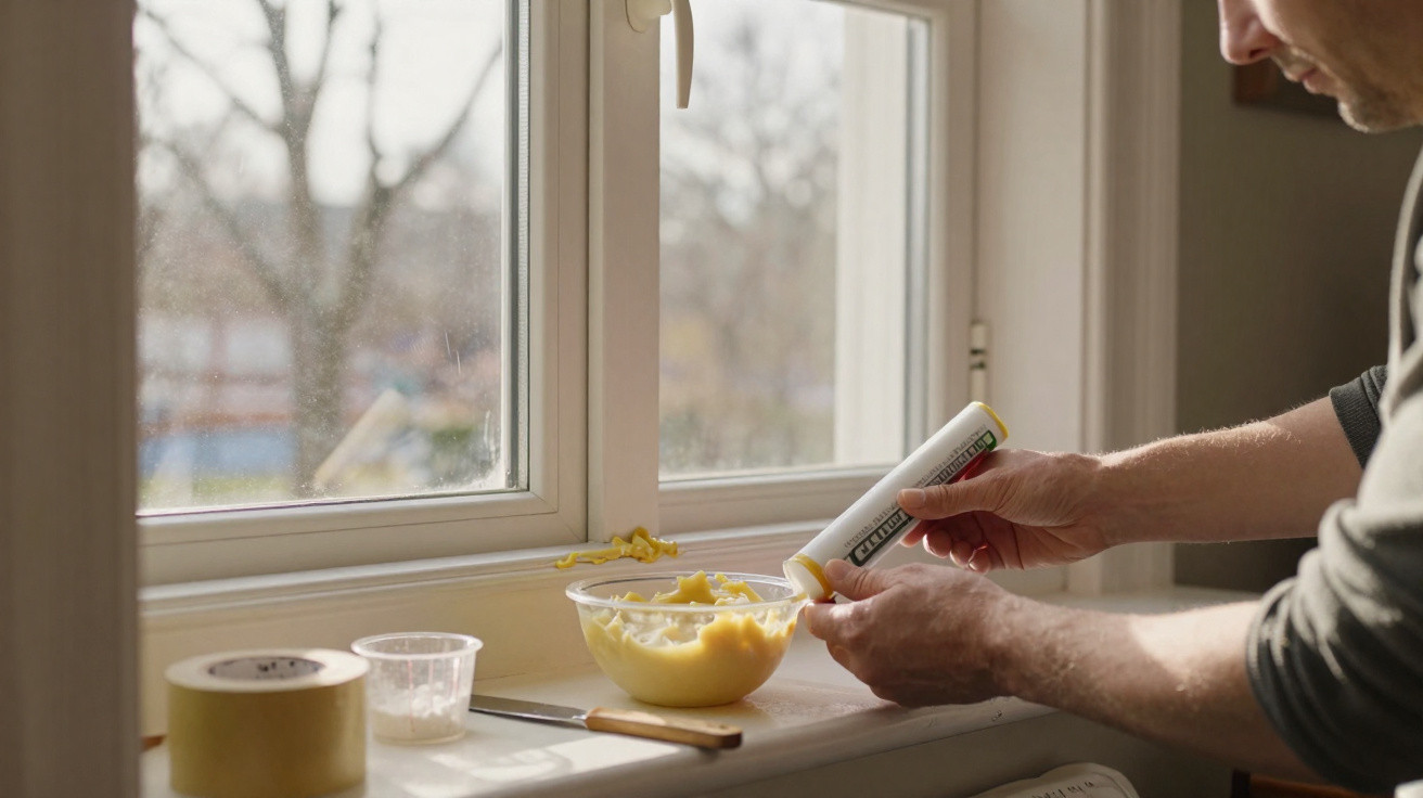 Person applying wood filler to a window frame with tools and materials on the windowsill nearby.