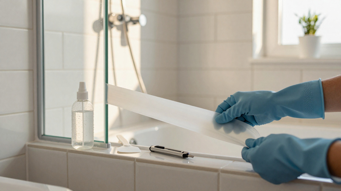 Person wearing blue gloves cleaning a glass shower door with a white squeegee in a tiled bathroom.