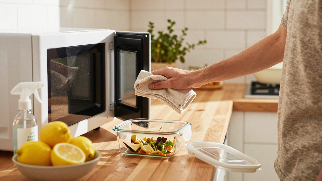 Person wiping the inside of a microwave with a cloth in a kitchen with lemons and a glass food container nearby.