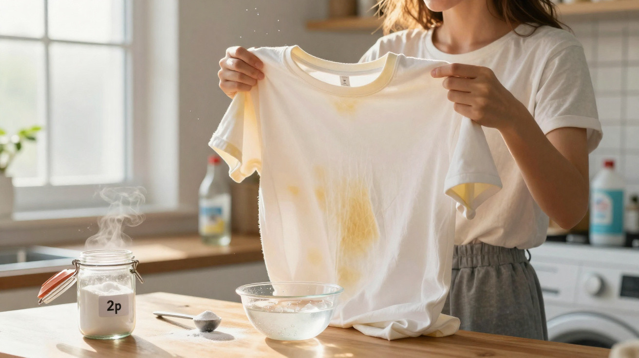 Woman holding a stained white t-shirt in a bright kitchen with cleaning supplies on the counter.