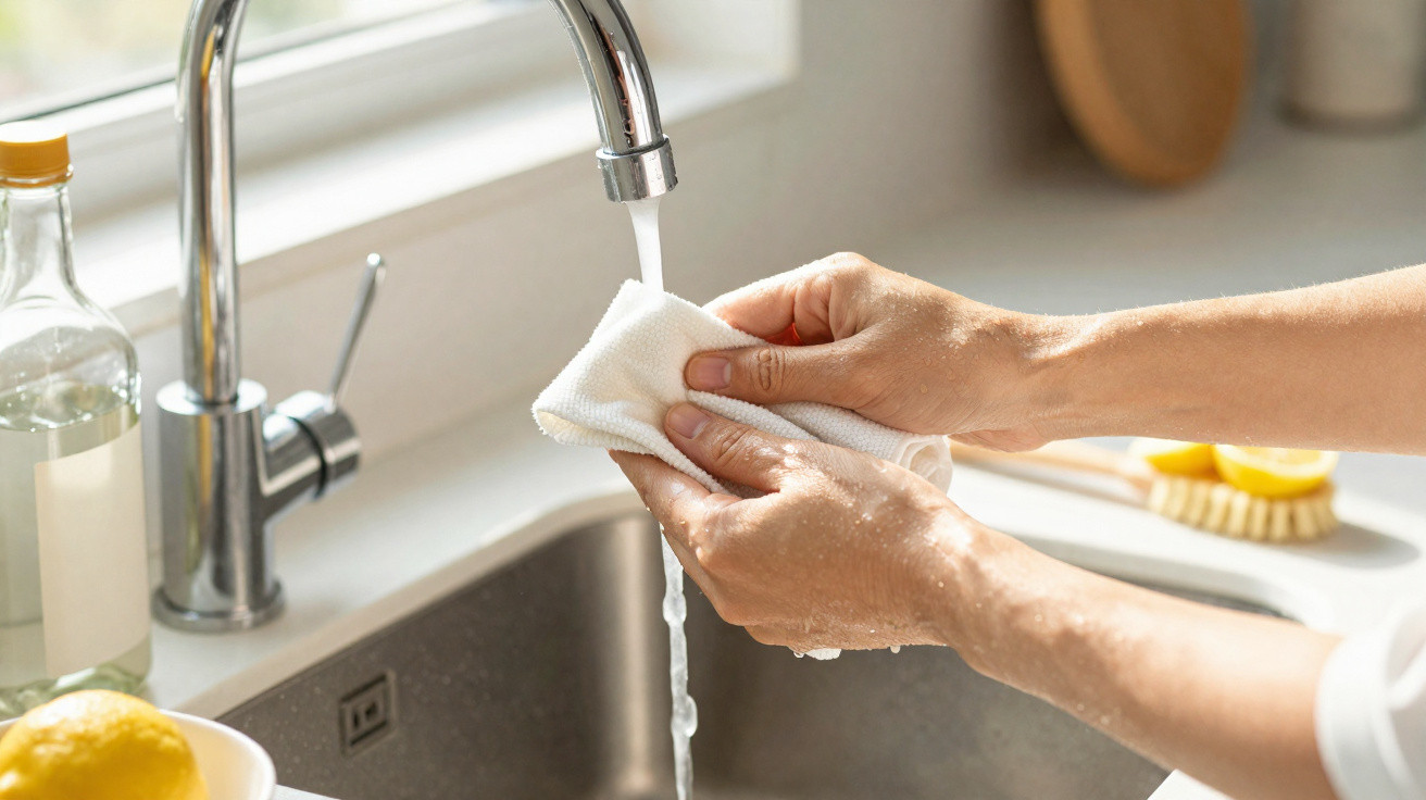 Hands rinsing a white cloth under running water from a kitchen tap above a sink in natural daylight.