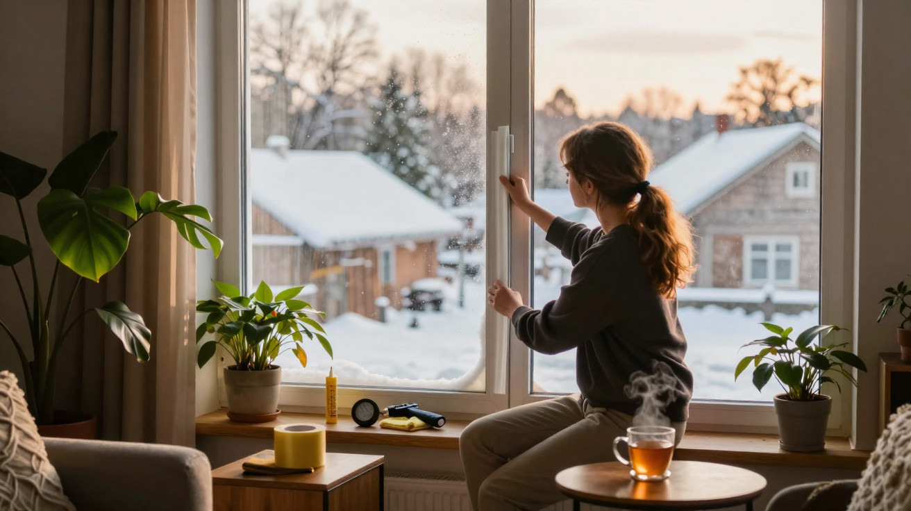 Person sitting by a window opening it slightly, overlooking snow-covered houses at sunset with indoor plants nearby.