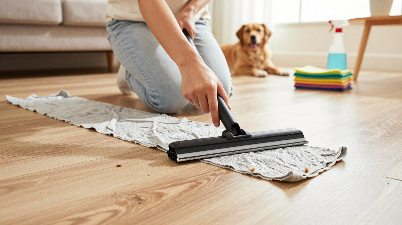 Person mopping wooden floor with pet in background and cleaning supplies nearby.