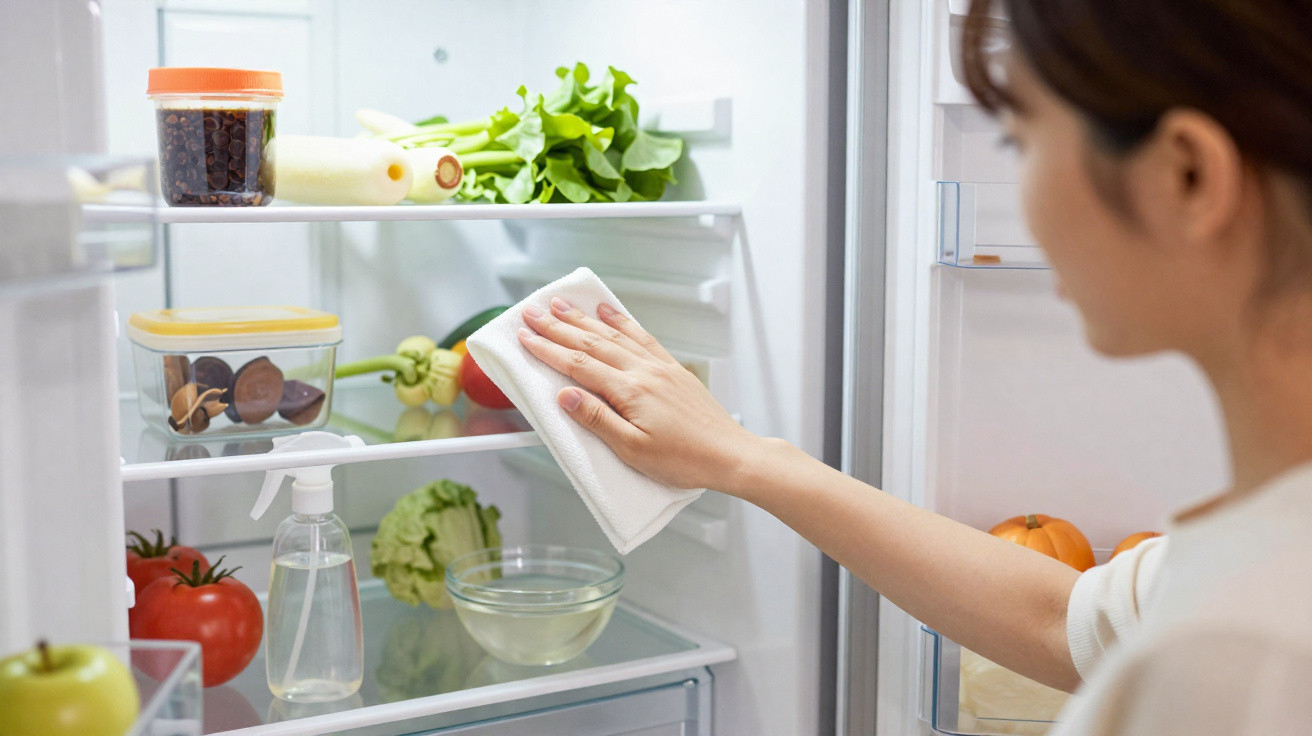 Person cleaning the inside of a fridge with a white cloth, surrounded by fresh vegetables and containers.